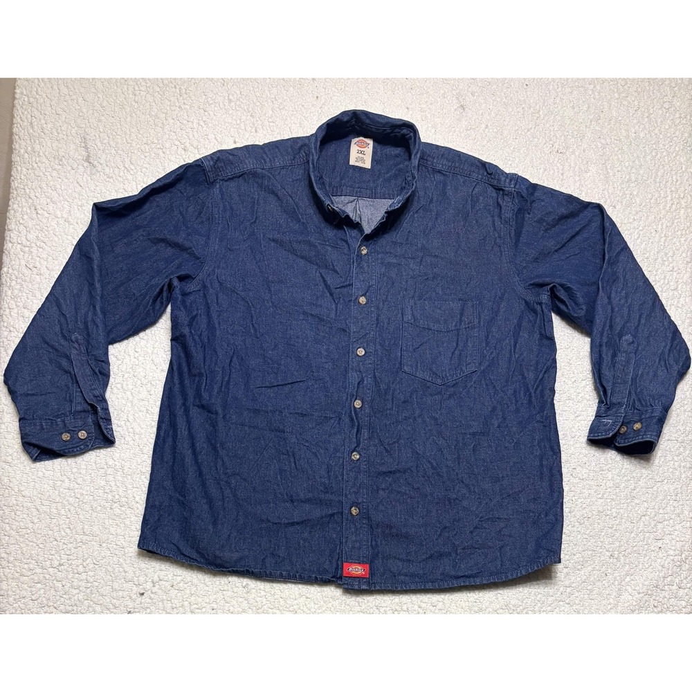 Dickies Mens Blue Chambray Long Sleeve Work Shirt 2XL Solid Button Up WL300RNB